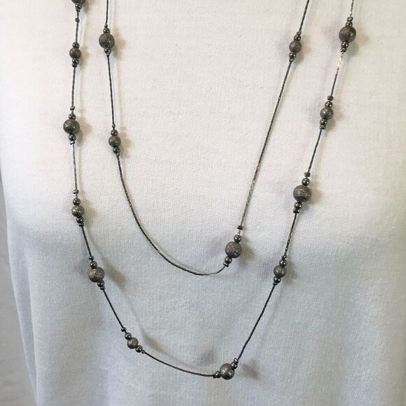 Beaded Necklace 34 inch Double Layer Triangle Chain Dark Gray Silver Tone - Picture 6 of 11